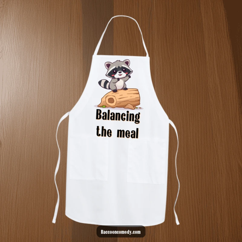 Funny Raccoon Apron: A kawaii raccoon happily wobbling on a hollow log, perfect for adding playful humor to kitchen activities.