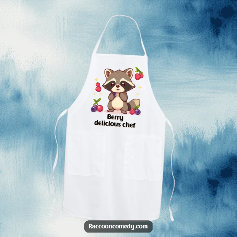 Funny Kawaii Raccoon Apron: A cute raccoon juggling glowing berries, ready for kitchen magic.
