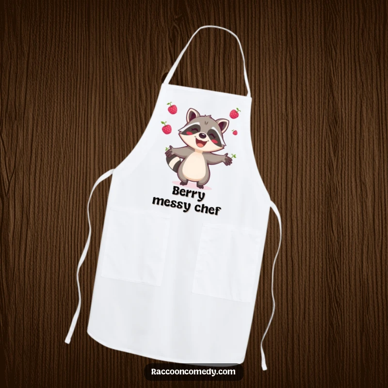 Funny raccoon apron, for the joyful cook, a raccoon gleefully juggling berries, a fun kitchen accessory for food lovers.