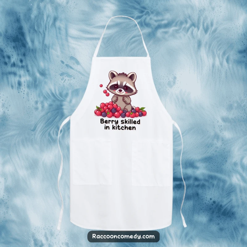 Funny raccoon berry juggling apron with a small raccoon, tiny paws, juggling shiny berries, ideal for kitchen fun and protection.