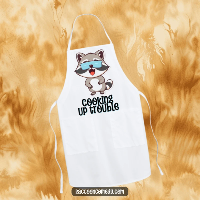 Funny apron featuring an excited raccoon with a mask peeking out, designed for kitchen mischief and acting as a unique gift.