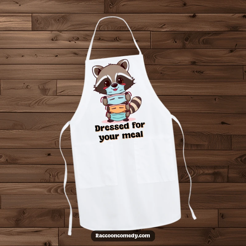 Funny raccoon apron depicting a cheerful raccoon balancing a stack of colorful masks, bringing personality and humor to kitchen activities.