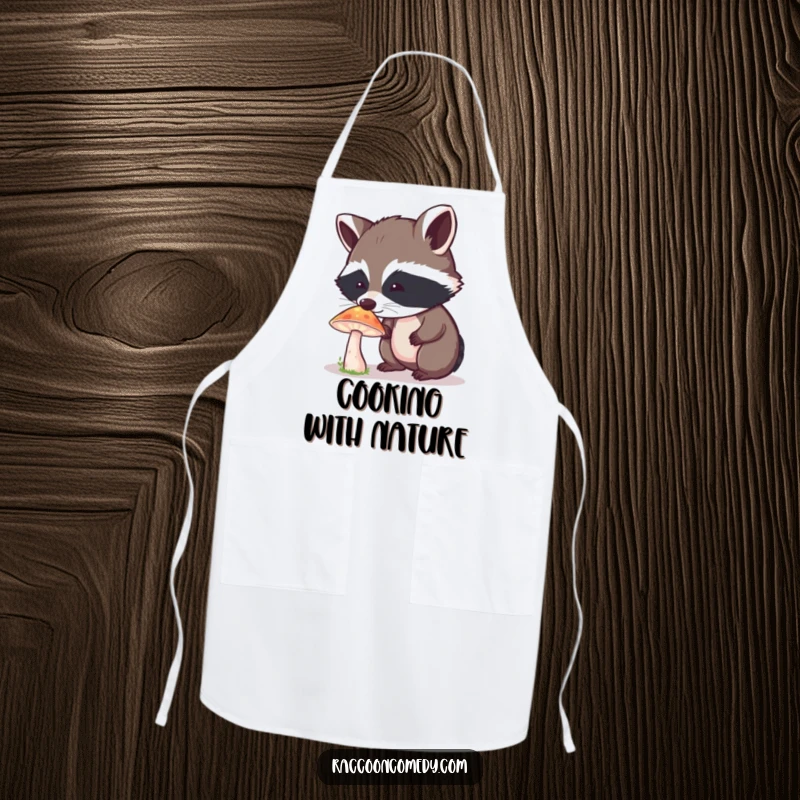 Funny Raccoon Apron: A curious raccoon observes a glowing mushroom, bringing a sense of wonder to the kitchen.