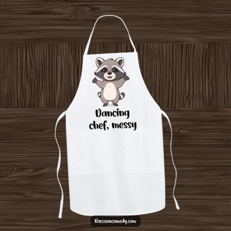 Funny kitchen apron with a happy raccoon dancing with paws up, perfect for a fun and humorous cooking experience.
