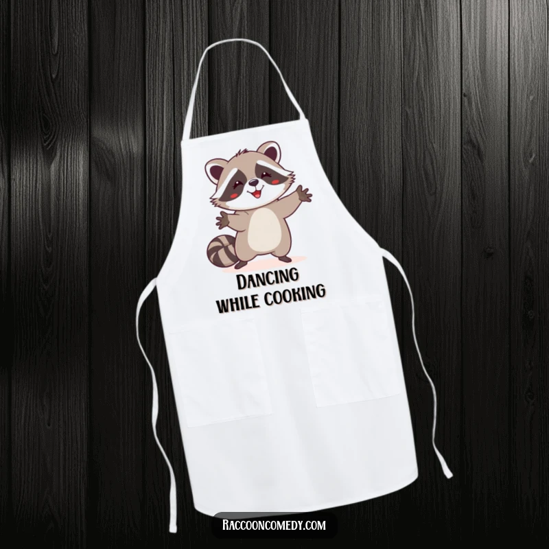 Funny happy raccoon apron, silly dance, paws in the air, kitchen wear, humorous party gift.