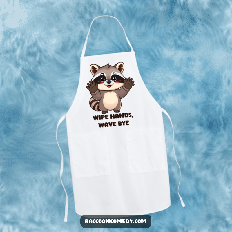 Funny kawaii raccoon with oversized gloves enthusiastically waving, printed on a functional apron for a delightful cooking experience.