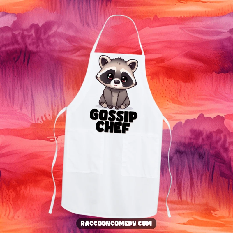 Funny kawaii raccoon with its head tilted curiously, listening intently, featured on a practical apron for kitchen enjoyment.