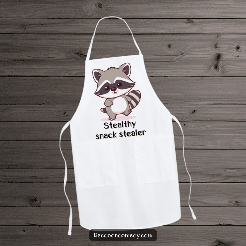 Funny kawaii raccoon apron, showcasing exaggerated stealth while planning a delicious, secret meal.