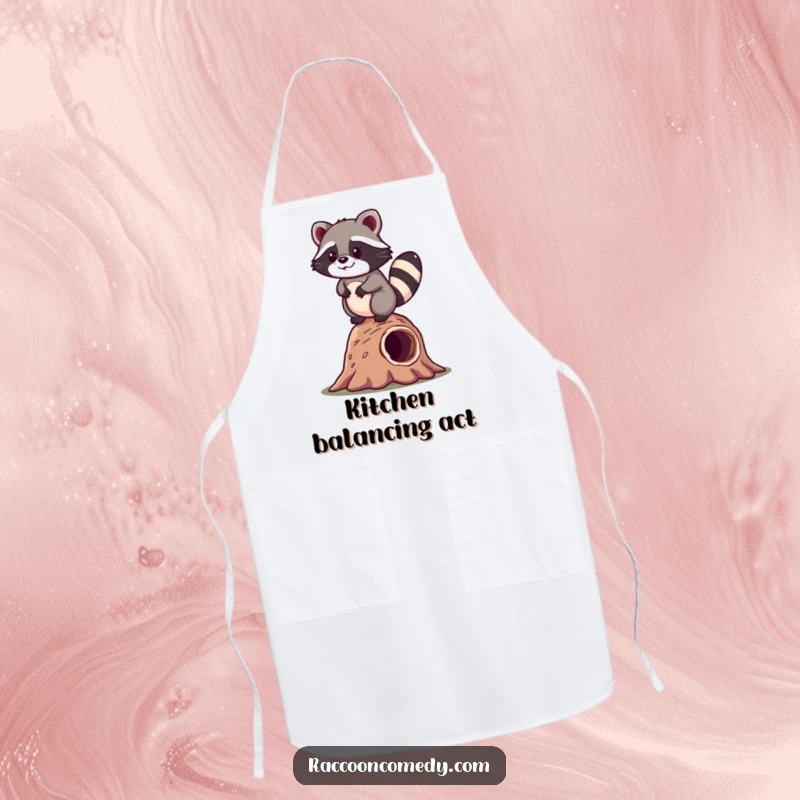 Funny kawaii raccoon happily balancing on a hollow log, featured on a cute and humorous cooking apron.