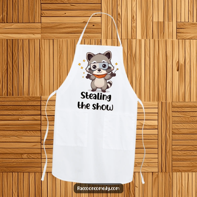 Funny kawaii raccoon as a bandit, playfully juggling kitchen utensils on a cute apron, ideal for chefs.