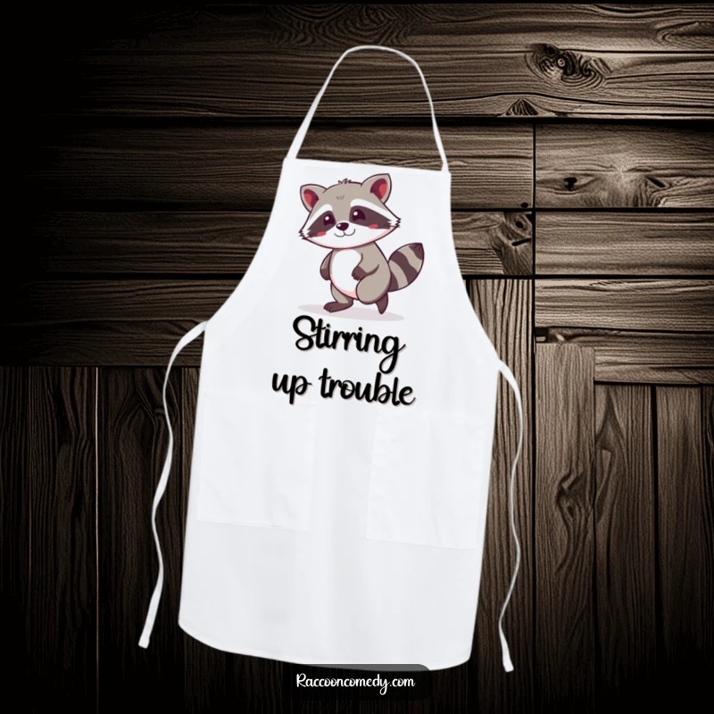 Funny kawaii raccoon tiptoeing with a mischievous grin, designed on a protective apron, ideal for kitchen fun.