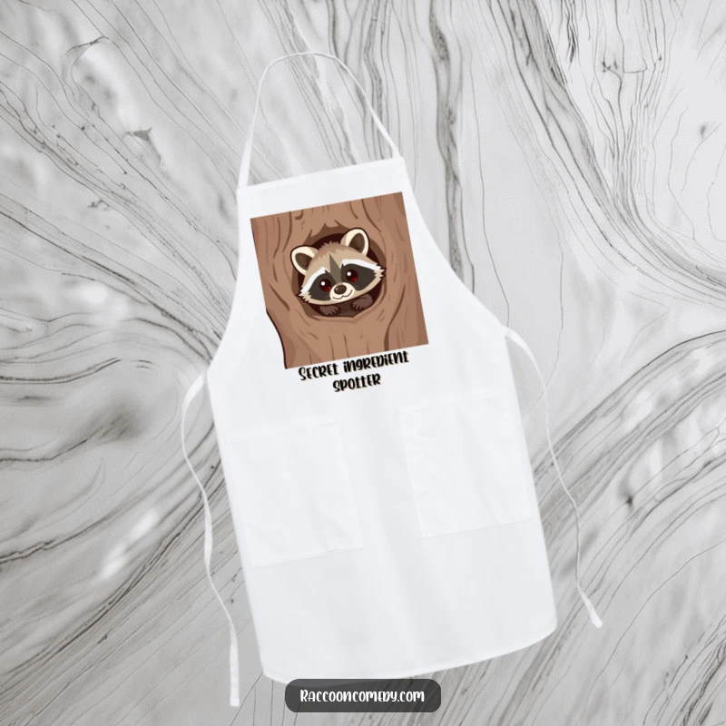 Funny Kawaii Raccoon Apron: A cute raccoon peeking from a tree hollow, ready for culinary exploration.