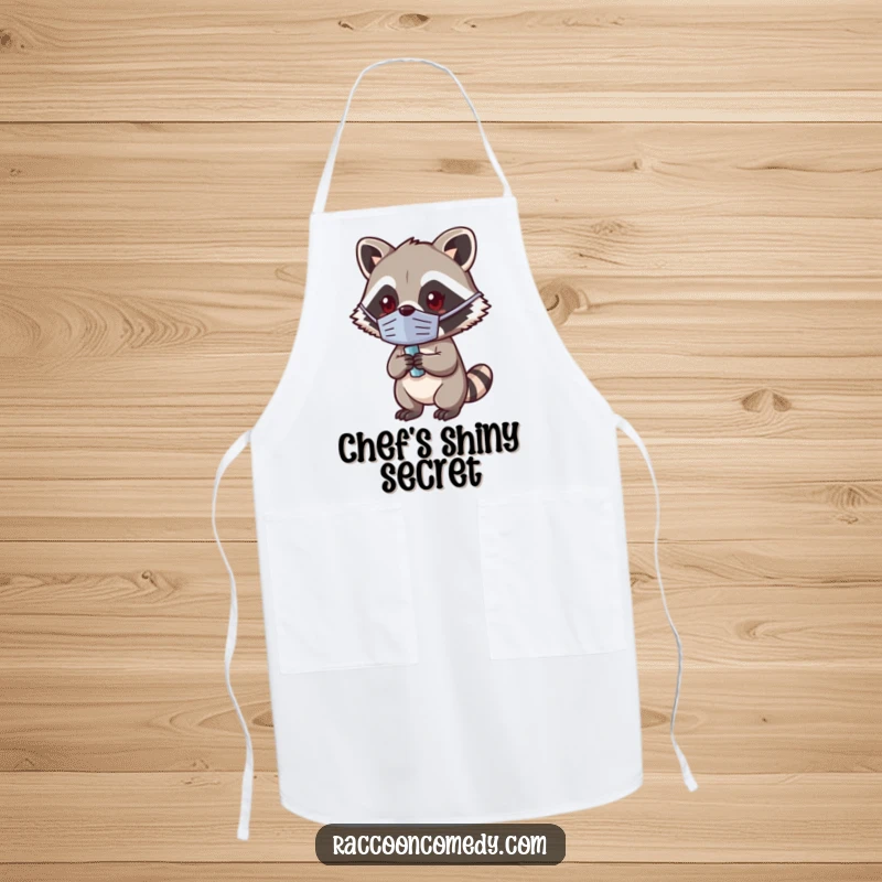Funny Kawaii Raccoon Apron: A cute masked raccoon holding a shiny object, ready for kitchen duty.