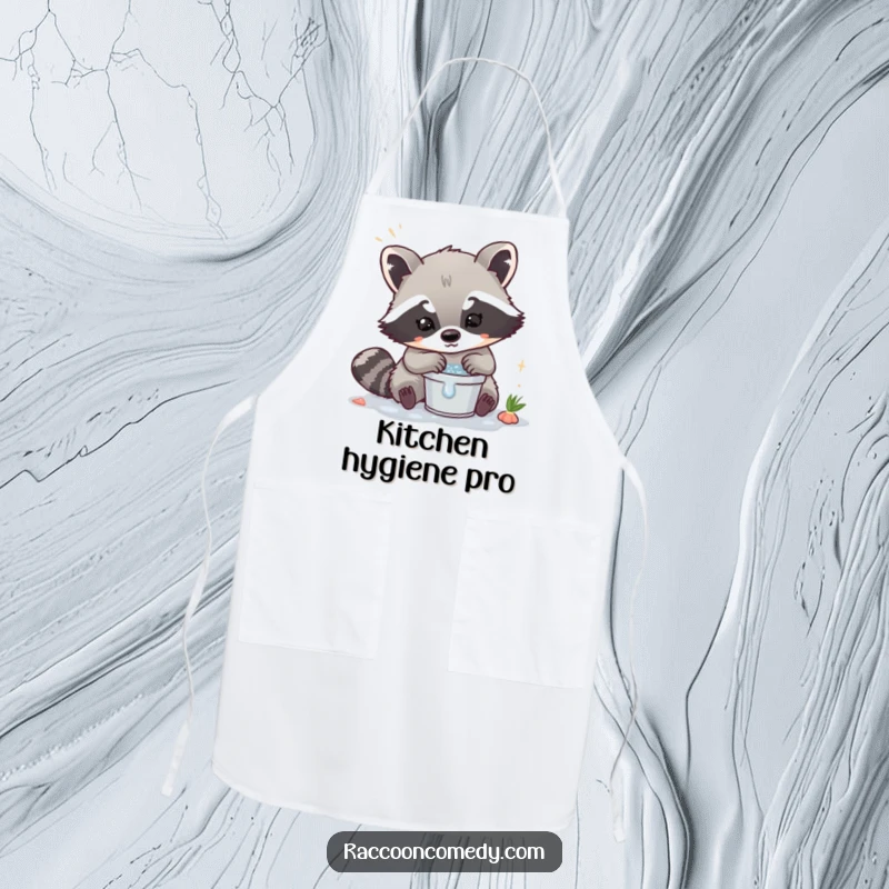 Funny Kawaii Raccoon Apron: A cute raccoon washing in a small bucket, ready for kitchen duty.