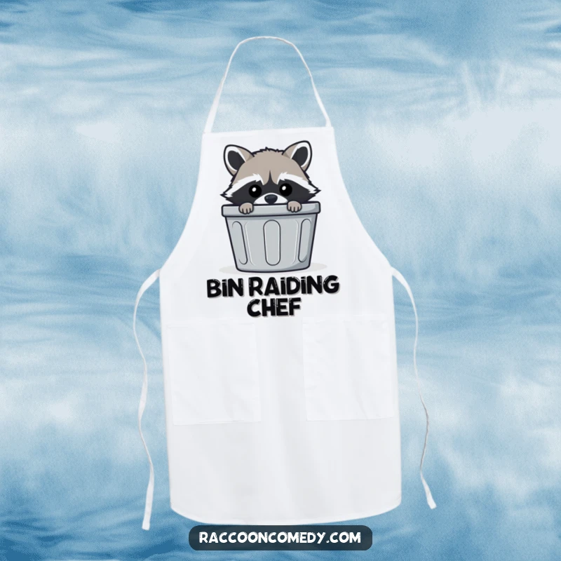 Funny mischievous raccoon apron, peeking from striped trash bin, kitchen wear, humorous bandit gift.