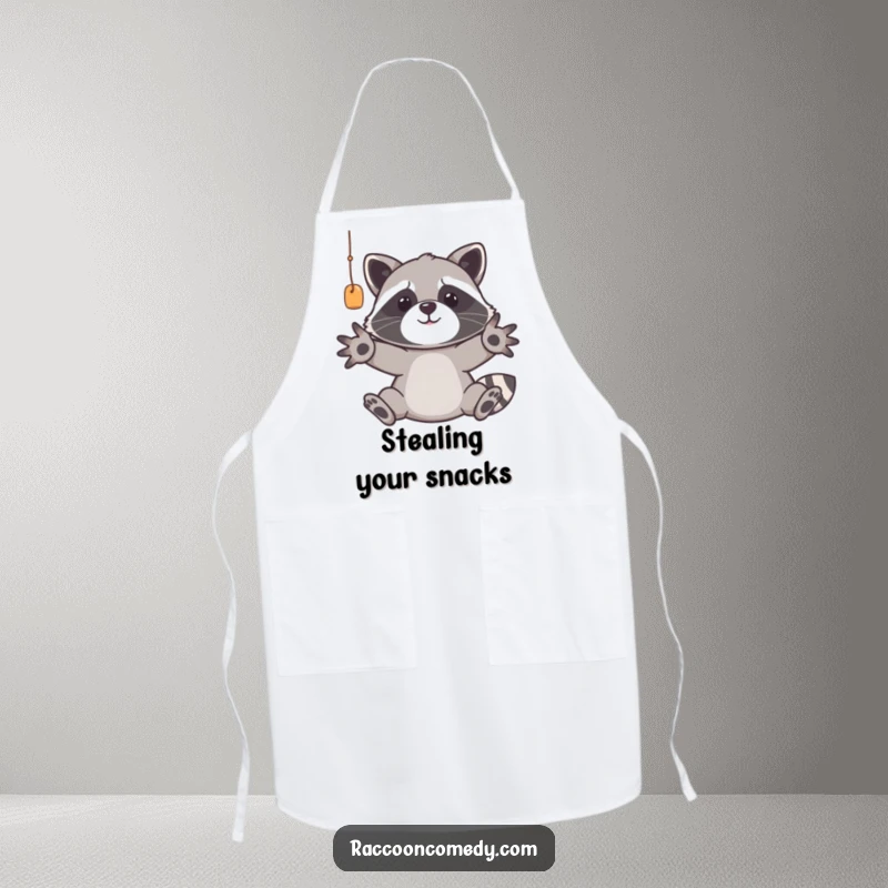 Funny raccoon apron showcasing a determined trash panda wearing an apron, paws reaching for ingredients, ideal for a funny kitchen companion.