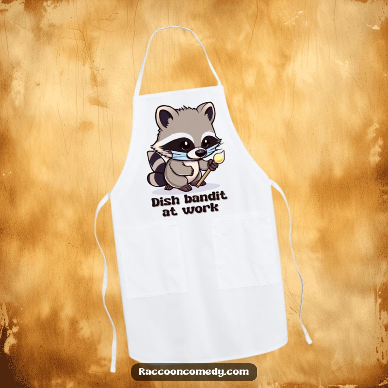 Funny apron with a cute, masked raccoon tiptoeing with a shiny object, designed for kitchen use with a mischievous and humorous touch.