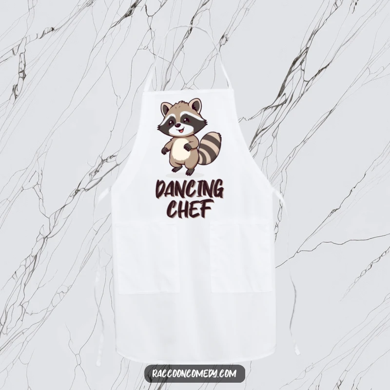 Funny apron showing a happy raccoon with a fluffy tail dancing, bringing humor and joy to kitchen tasks.