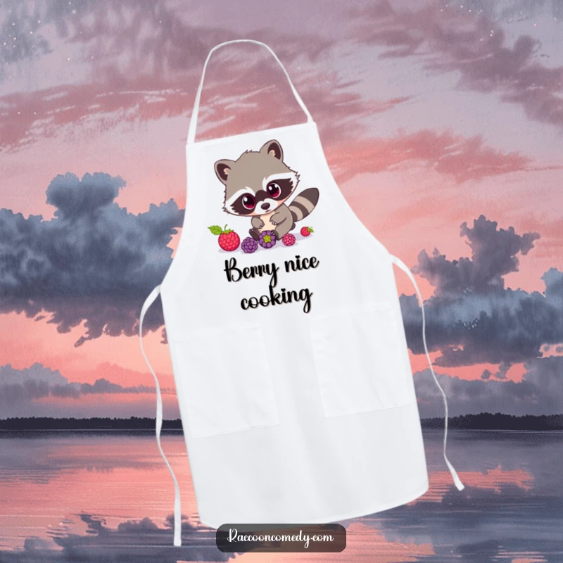 Funny Raccoon Apron: This kitchen apron depicts a raccoon with comical wide eyes, humorously on the chase for rolling berries.