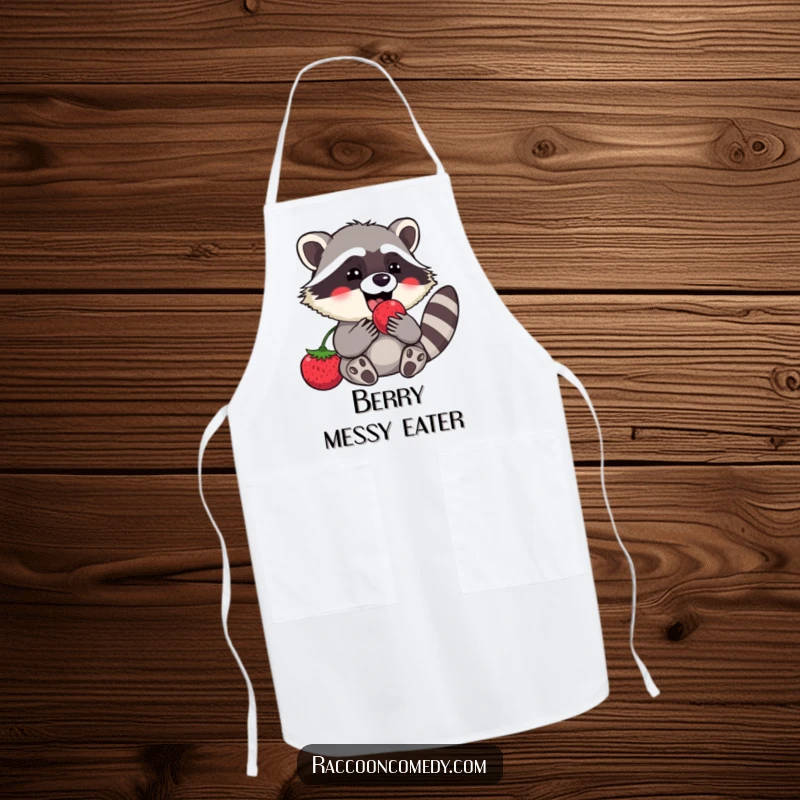 Funny raccoon apron showing a happy chef character indulging in a juicy berry, ready for kitchen adventures with a side of laughter.