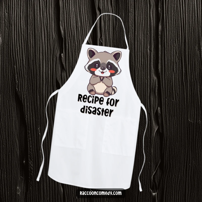 Funny raccoon apron featuring a cute raccoon with its paws held together, looking utterly delighted and happy.