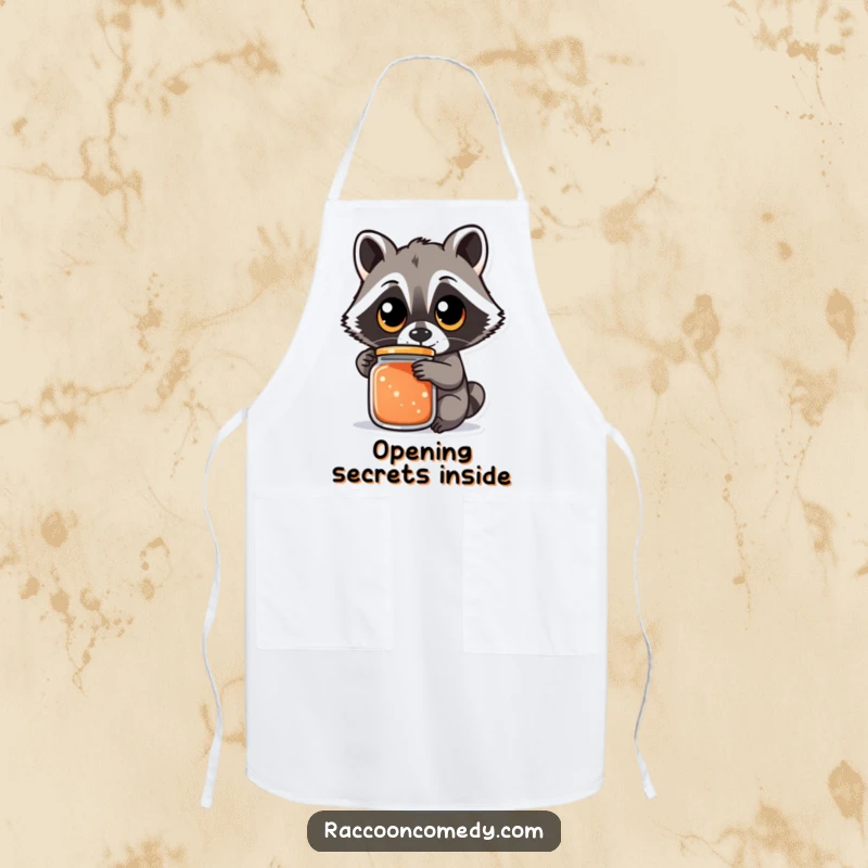 Funny raccoon apron showing a raccoon with large eyes focused on opening a jar, embodying kitchen determination, a humorous funny gift.