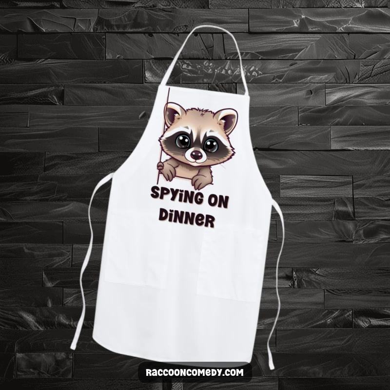 Funny apron with a raccoon's face peeking around a corner, its wide eyes full of curiosity, perfect for cooks.