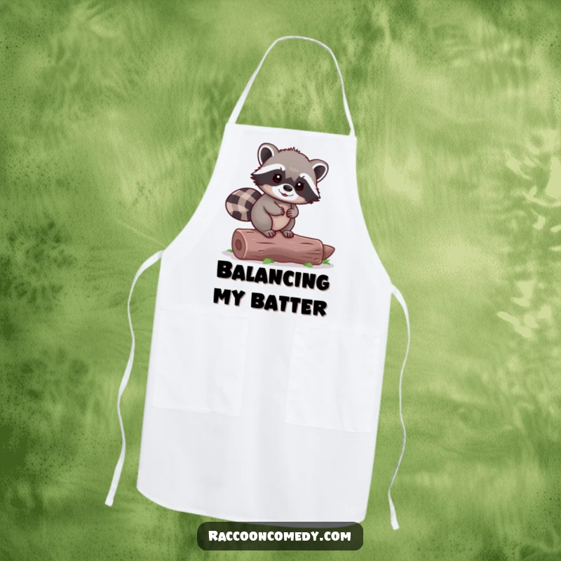 Funny Raccoon Apron: A tiny raccoon balances expertly on a log, adding a playful touch to your kitchen.