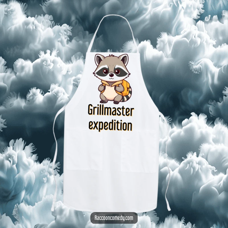 Funny kawaii raccoon apron, wearing a small backpack, ready to embark on a culinary adventure.