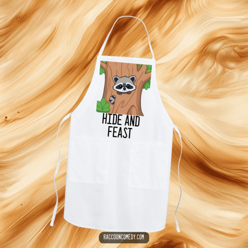 Funny kawaii raccoon apron, peeking from behind a stylized tree, ready for a fun kitchen adventure.