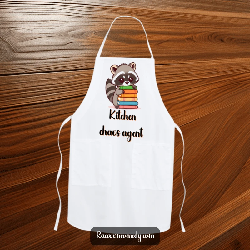 Funny apron depicting a raccoon hilariously attempting to balance cooking ingredients, ready for kitchen chaos.