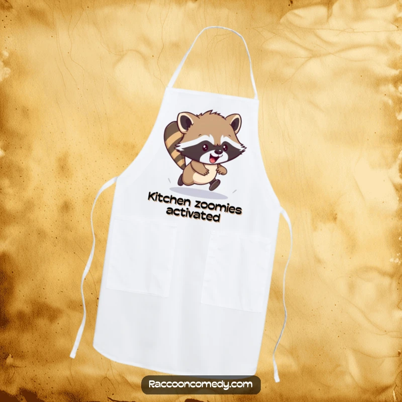 Funny apron featuring an energetic raccoon cub in a clumsy scamper, adding a humorous and dynamic touch to kitchen wear.