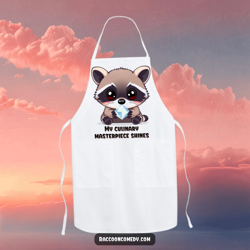 Funny curious raccoon gem apron with a raccoon examining a sparkling gem, perfect for kitchen protection and adding a touch of wonder.