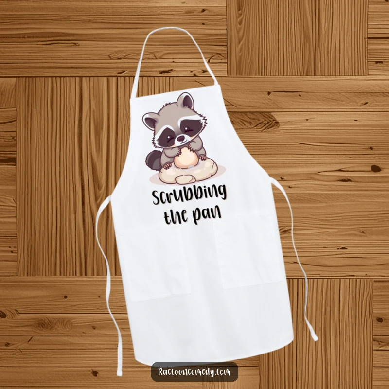 Funny apron with a kawaii raccoon character playfully washing a small, round stone, designed for kitchen use with adorable focus.