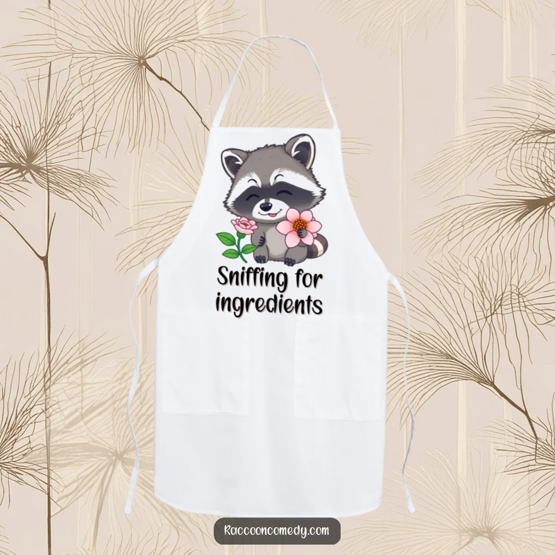 Funny raccoon apron showing a creature sniffing a flower, nose twitching with delight, perfect for the nature-loving cook, a funny gift.