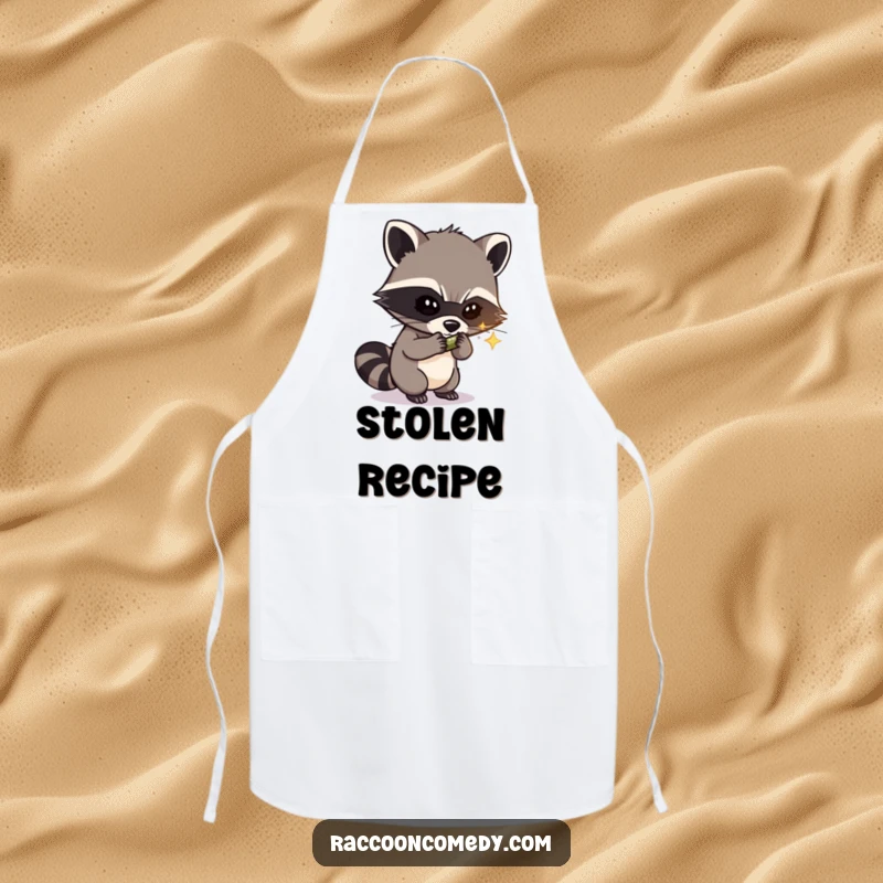 Funny apron showing a masked raccoon thief with a cheeky grin, attempting to steal a shiny kitchen item, adding humor to cooking.
