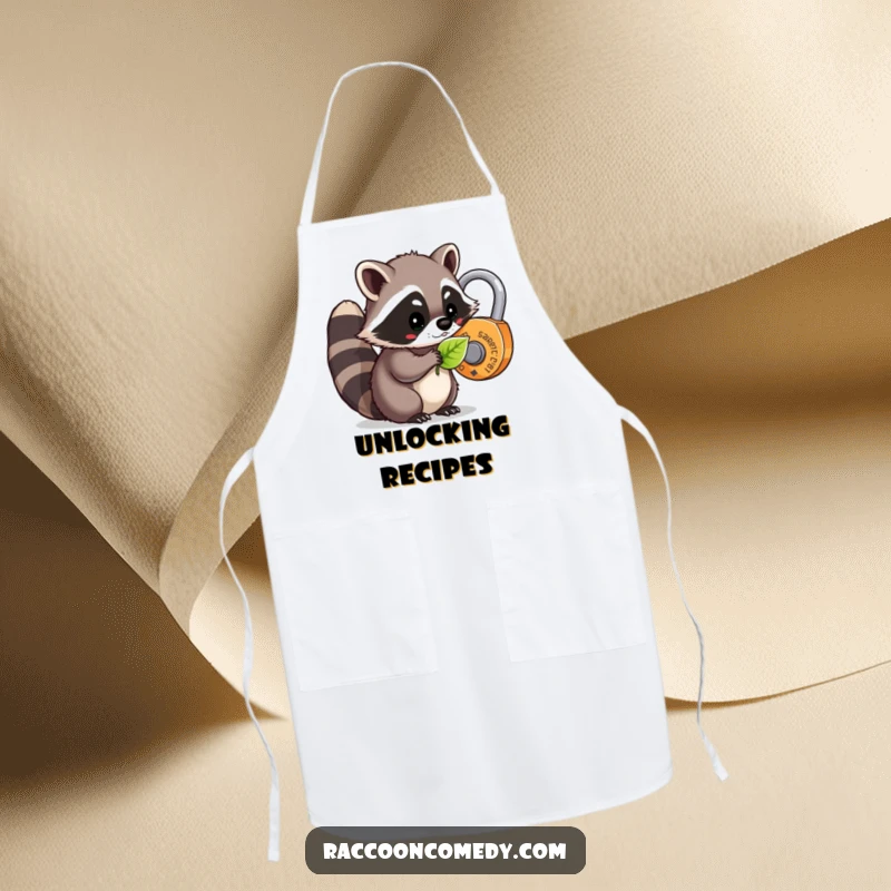 Funny kawaii raccoon attempting to unlock a lock with a leaf, humorously featured on a cute cooking apron.