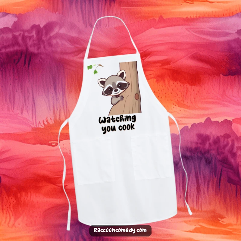 Funny raccoon apron, for the whimsical chef, a curious raccoon peeking from behind a tree, kitchen accessory for cooks.