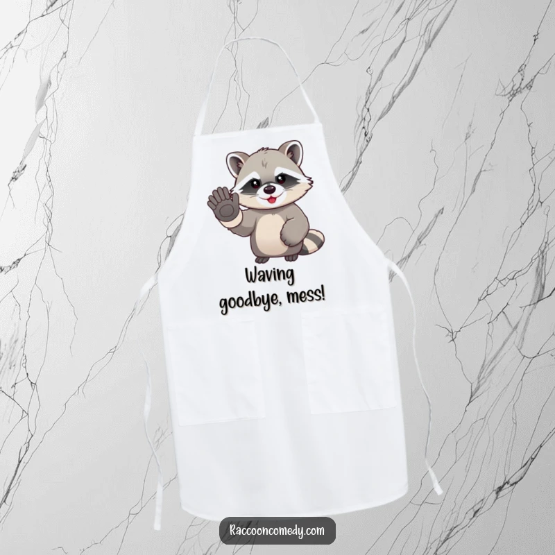 Funny kawaii raccoon in oversized gloves, humorously waving goodbye on a cute and functional cooking apron.