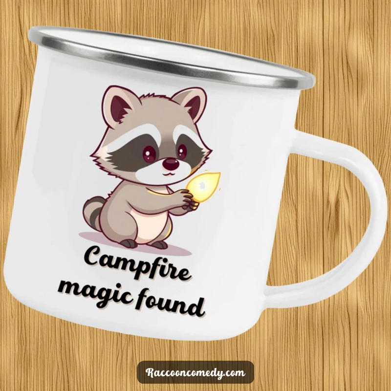 Funny raccoon camping mug with a cute character looking curiously at a glowing object, perfect for enjoying drinks during nighttime adventures.