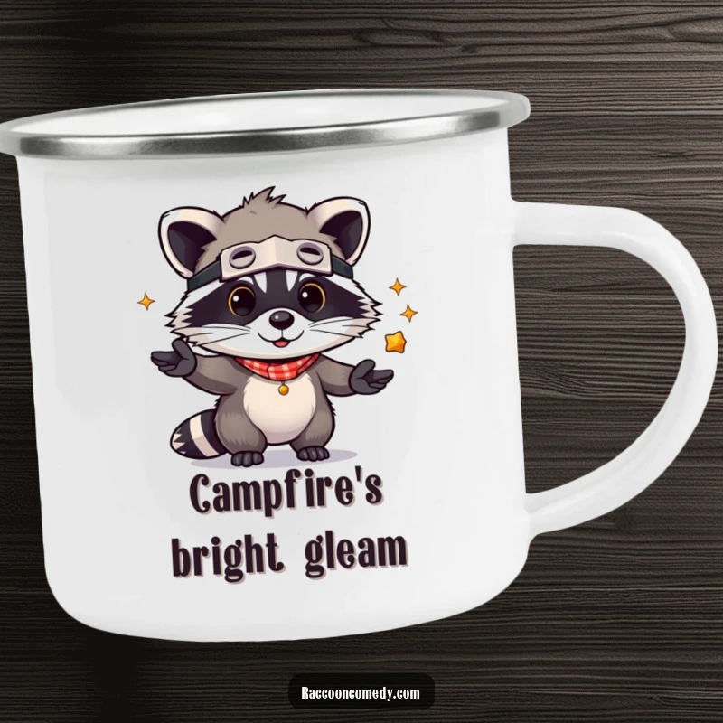 Funny Raccoon Camping Mug: A kawaii raccoon bandit juggling shiny objects, perfect for enjoying drinks outdoors with a smile.