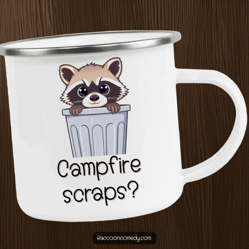Funny enamel camping mug depicting a curious raccoon with wide eyes peeking from a trash can, ideal for outdoor humor.