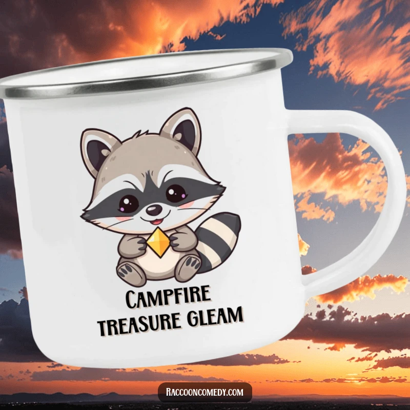 Funny kawaii raccoon camping mug, with a mischievous grin, guarding a shiny trinket with playful possessiveness.