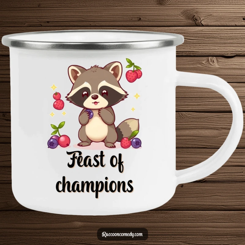 Funny Kawaii Raccoon Camp Mug: Sturdy mug with a cute raccoon juggling glowing berries.