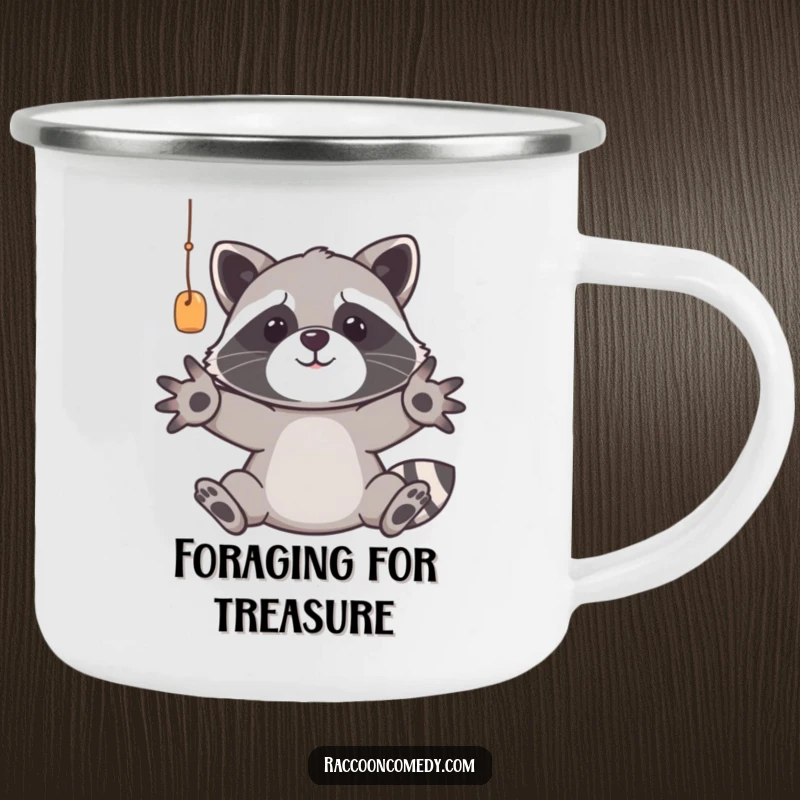 Funny raccoon camping mug showing a trash panda with paws extended, perhaps reaching for a marshmallow, ready for outdoor fun and humor.