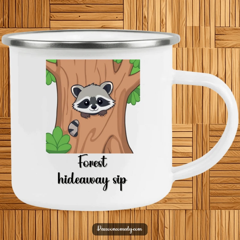 Funny kawaii raccoon camping mug, peeking from behind a stylized tree, offering a cheerful forest greeting.