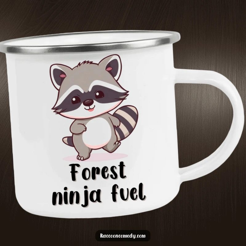 Funny kawaii raccoon camping mug, mastering the art of stealthy enjoyment around the campfire.