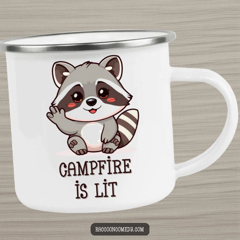 Funny camping mug with a friendly raccoon making a beckoning gesture, inviting you to sit and share stories.