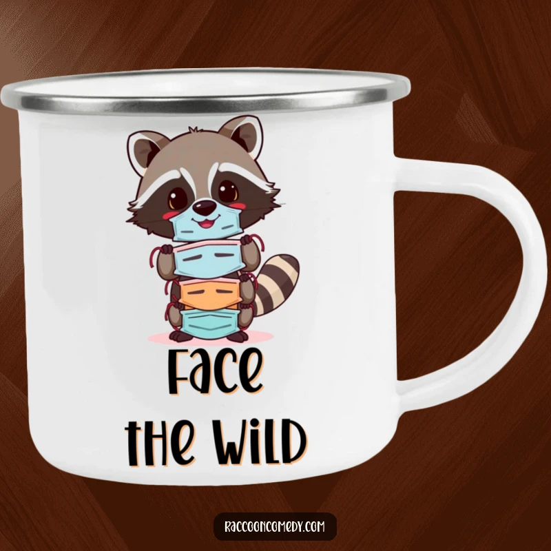 Funny raccoon camping mug featuring a cheerful raccoon balancing a stack of colorful masks, perfect for carrying drinks with personality and humor.