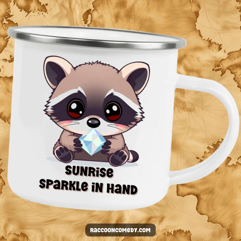 Funny curious raccoon gem camping mug with a raccoon examining a sparkling gem, perfect for enjoying drinks outdoors with a sense of wonder.